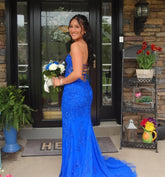 Charming Royal Blue Column Sweetheart Sleeveless Sequined Lace long Prom Dress With Slit